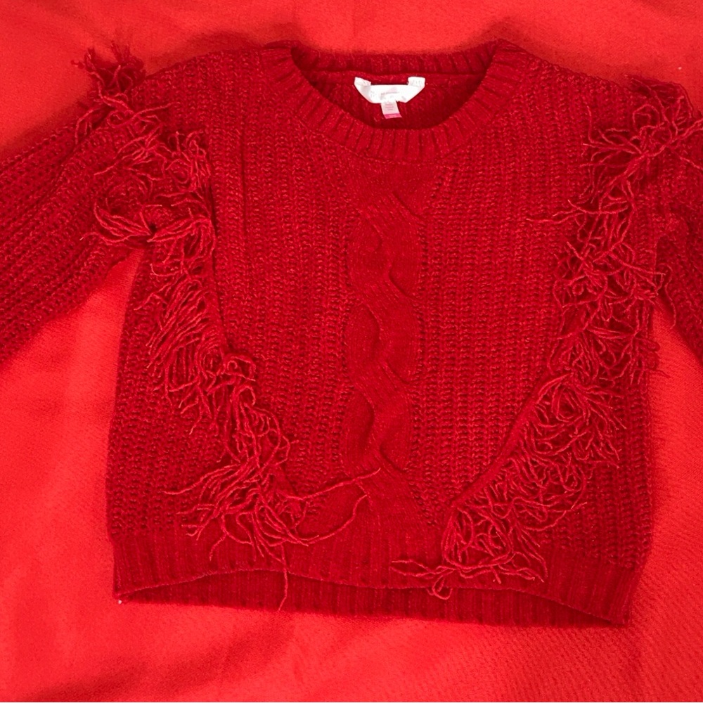 No Boundaries Red Crew Neck Sweater with Lace Panels